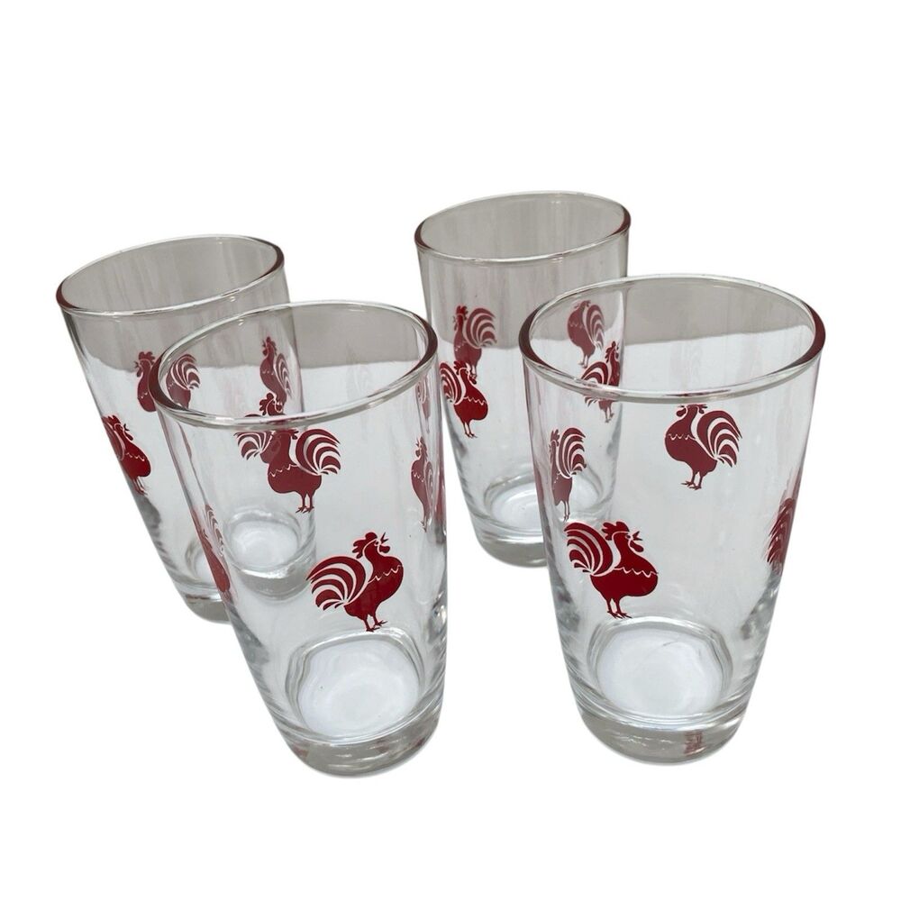 Vintage Libbey Red Rooster Juice Glasses Barware 5” MCM Set Of 4 Vintage Glasses - Picture 1 of 5